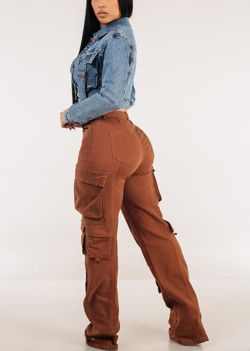 Butt Lift Straight Wide Leg Cargo Jeans Brown