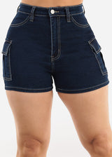Butt Lift High Waist Stretch Cargo Denim Shorts Dark Wash