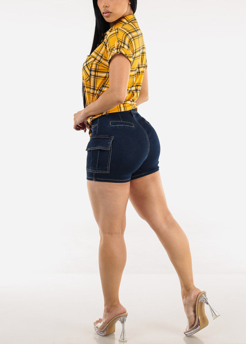 Butt Lift High Waist Stretch Cargo Denim Shorts Dark Wash