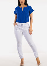 Hyper Stretch Drawstring Waist White Jogger Pants