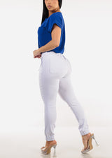 Hyper Stretch Drawstring Waist White Jogger Pants