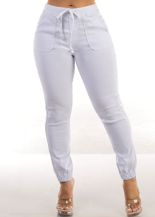 Hyper Stretch Drawstring Waist White Jogger Pants