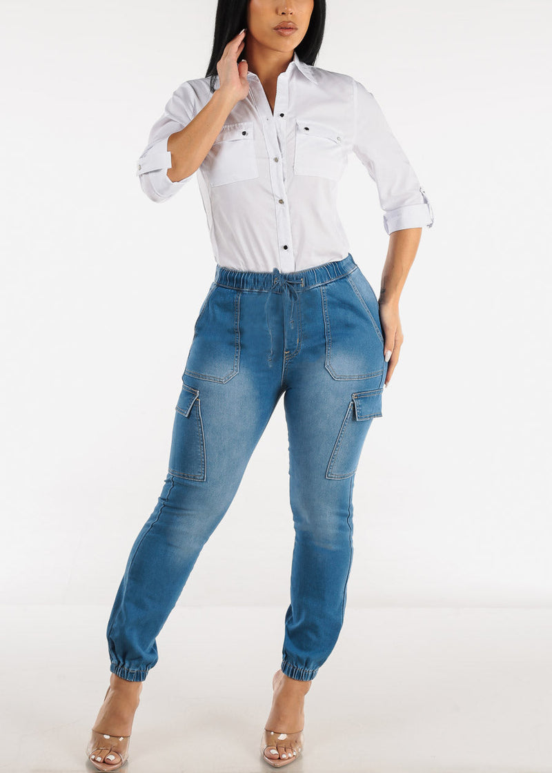 High Drawstring Waist Denim Cargo Joggers Med Blue