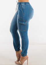 High Drawstring Waist Denim Cargo Joggers Med Blue