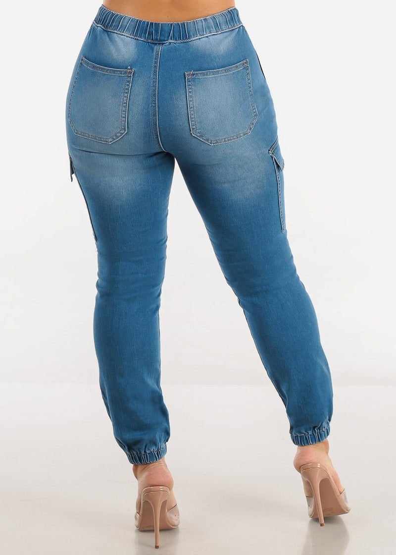 High Drawstring Waist Denim Cargo Joggers Med Blue