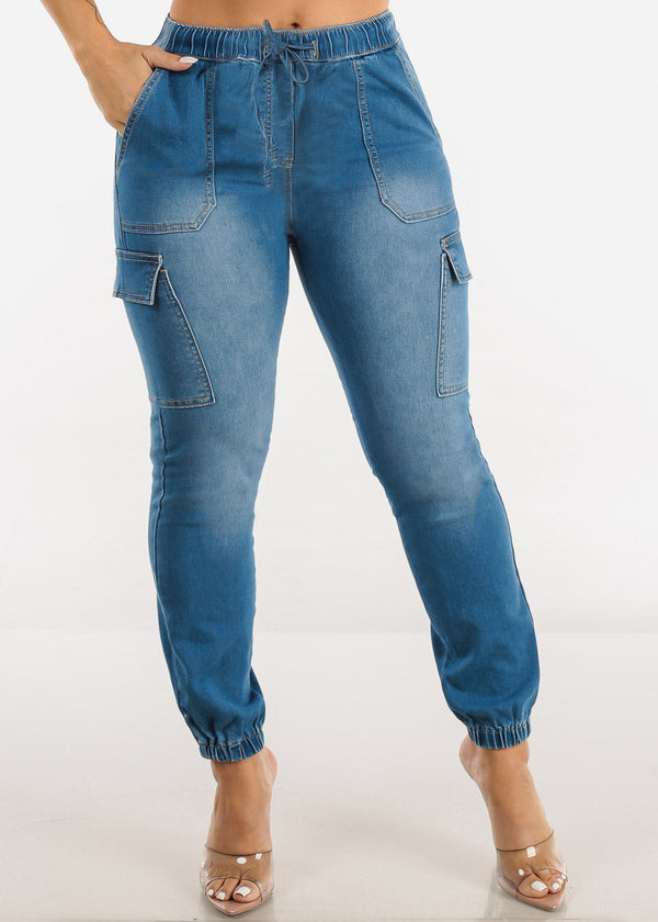 High Drawstring Waist Denim Cargo Joggers Med Blue