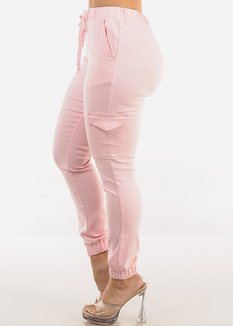 High Waist Hyper Stretch Cargo Jogger Pants Light Pink