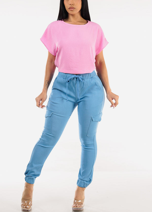 High Waist Hyper Stretch Cargo Jogger Pants Light Blue