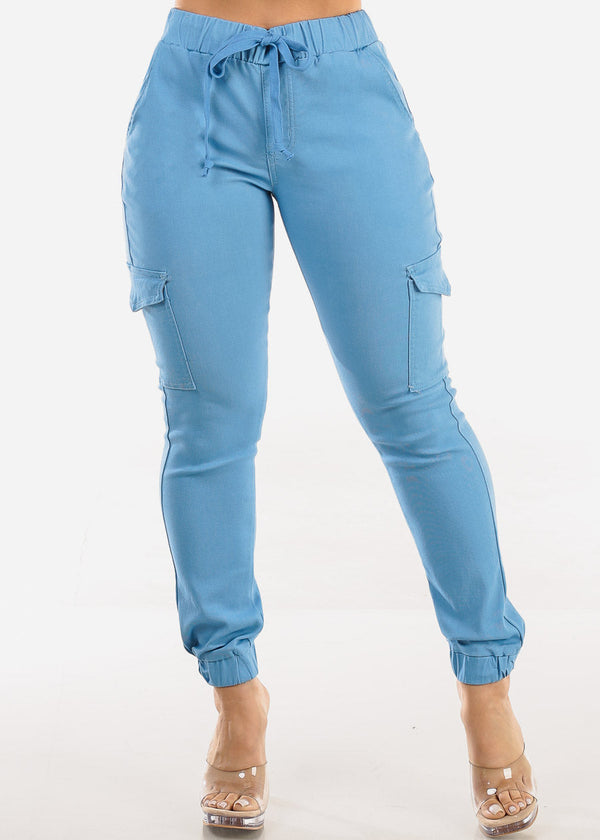 High Waist Hyper Stretch Cargo Jogger Pants Light Blue