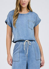 Short Sleeve Boat Neckline Denim Top Blue Wash