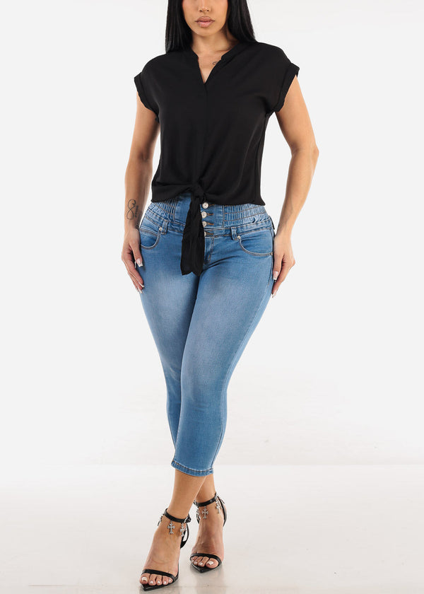 MX JEANS Super High Rise Spandex Waist Light Denim Stretch Capris