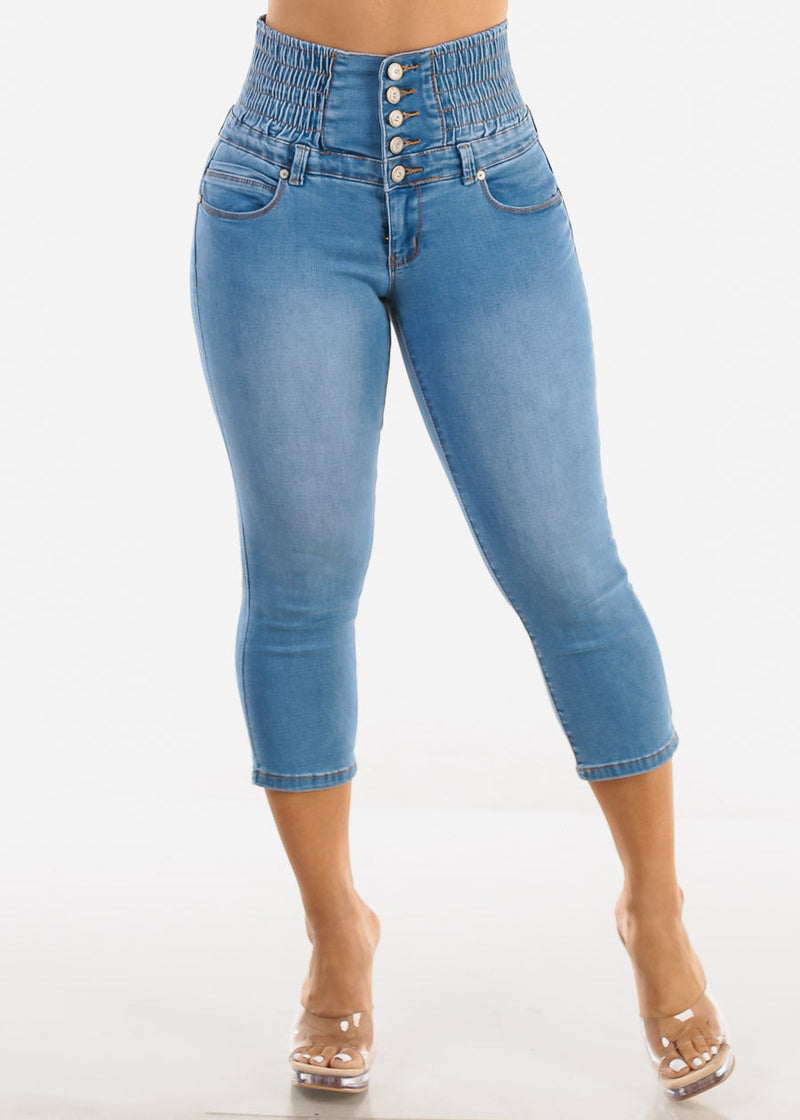 MX JEANS Super High Rise Spandex Waist Light Denim Stretch Capris