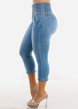 MX JEANS Super High Rise Spandex Waist Light Denim Stretch Capris