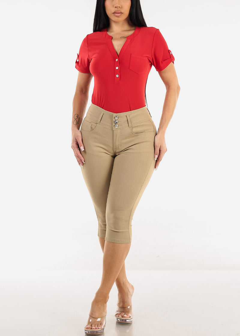 MX JEANS High Waist Hyper Stretchy Butt Lifting Capris Khaki