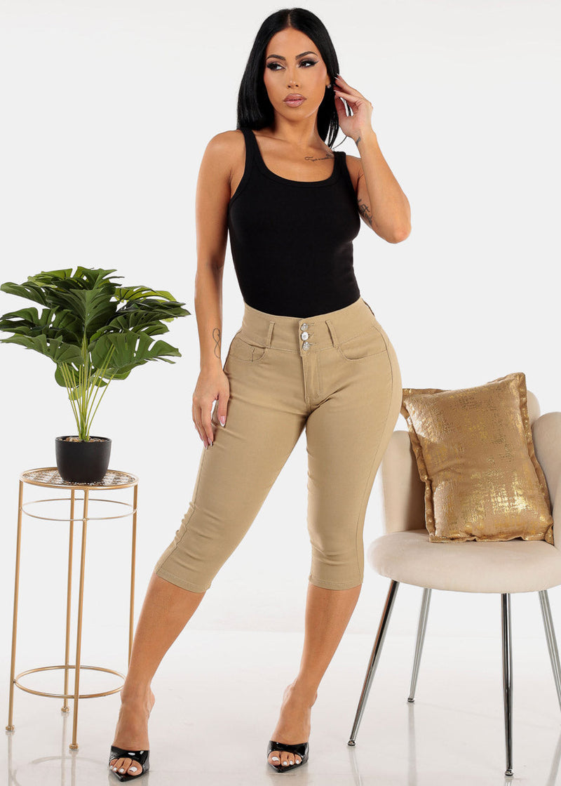 MX JEANS High Waist Hyper Stretchy Butt Lifting Capris Khaki