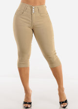 MX JEANS High Waist Hyper Stretchy Butt Lifting Capris Khaki