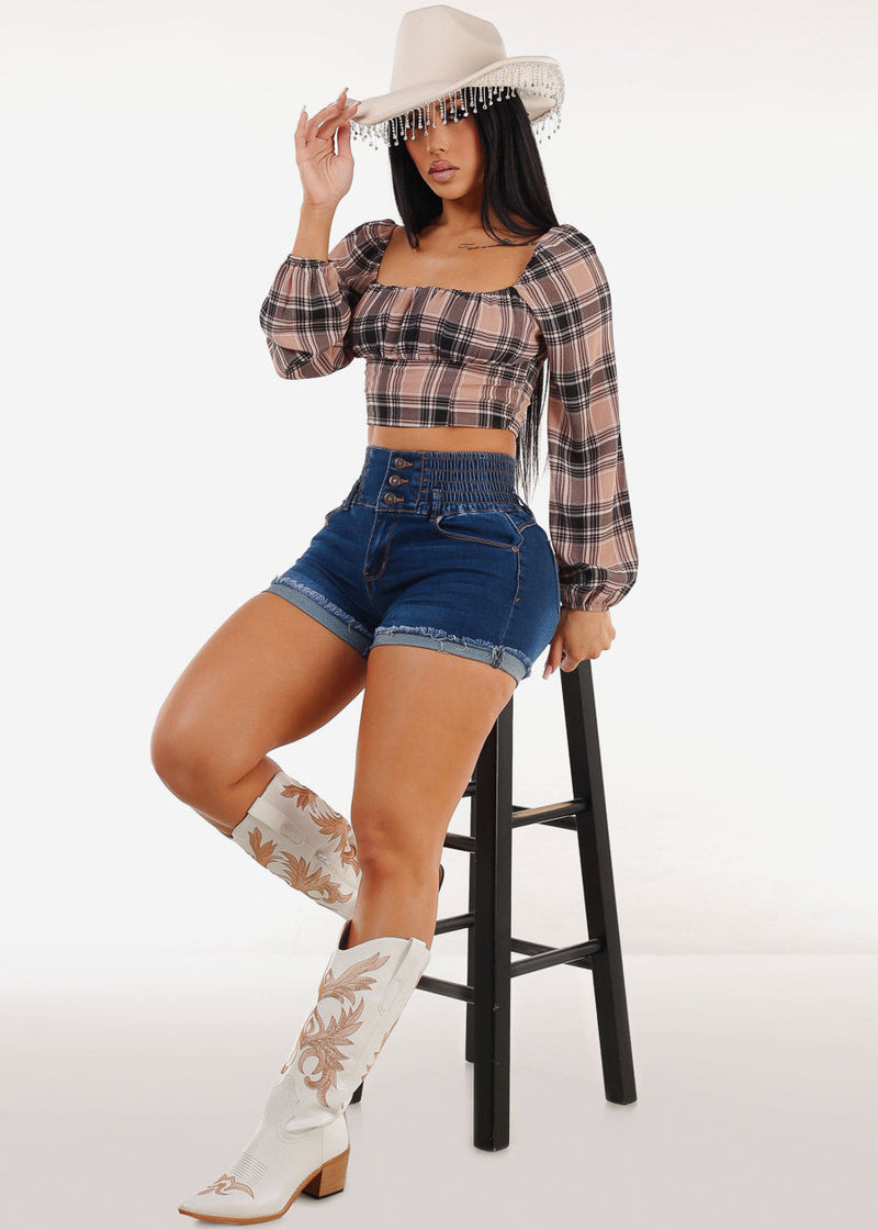 MX JEANS Stretchy High Rise Spandex Waist Dark Denim Cuffed Shorts