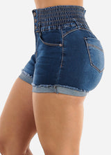 MX JEANS Stretchy High Rise Spandex Waist Dark Denim Cuffed Shorts