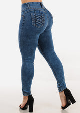 Levantacola High Waist Skinny Jeans Acid Wash w Braided Pockets