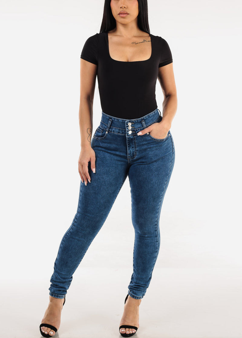 Levantacola High Waist Skinny Jeans Acid Wash w Braided Pockets