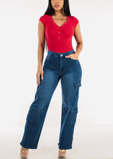 Butt Lift High Waist Straight Wide Leg Stretch Cargo Jeans Indigo