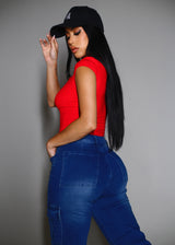 Butt Lift High Waist Straight Wide Leg Stretch Cargo Jeans Indigo