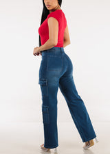 Butt Lift High Waist Straight Wide Leg Stretch Cargo Jeans Indigo