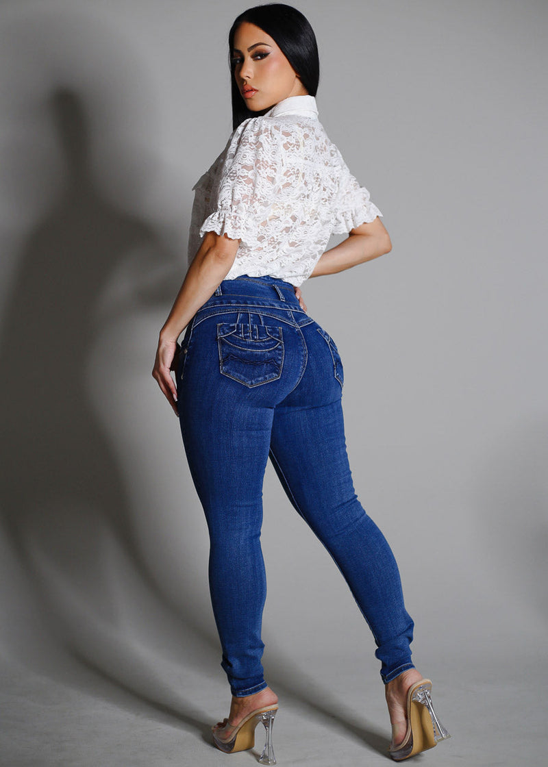 Levantacola High Rise Skinny Jeans Dark Bleach Wash