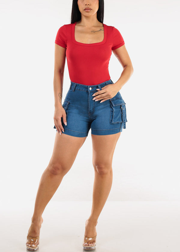 Butt Lift High Waist Cargo Denim Shorts Indigo