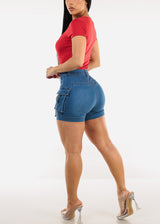 Butt Lift High Waist Cargo Denim Shorts Indigo