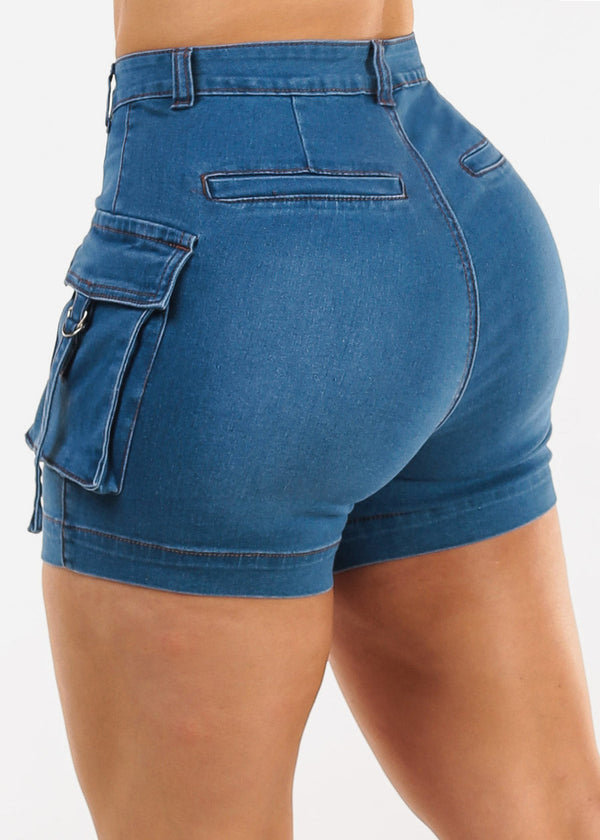 Butt Lift High Waist Cargo Denim Shorts Indigo