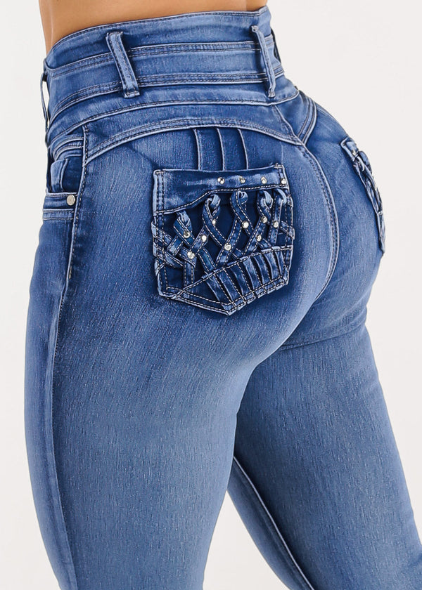 Butt Lift Super High Waist Skinny Jeans w Back Pocket Design