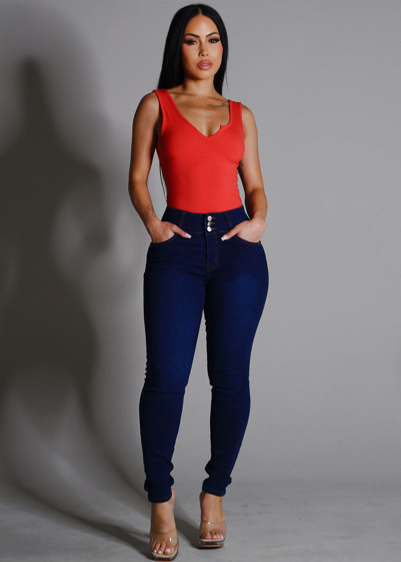 Levantacola High Rise Dark Skinny Jeans w Pocket Design