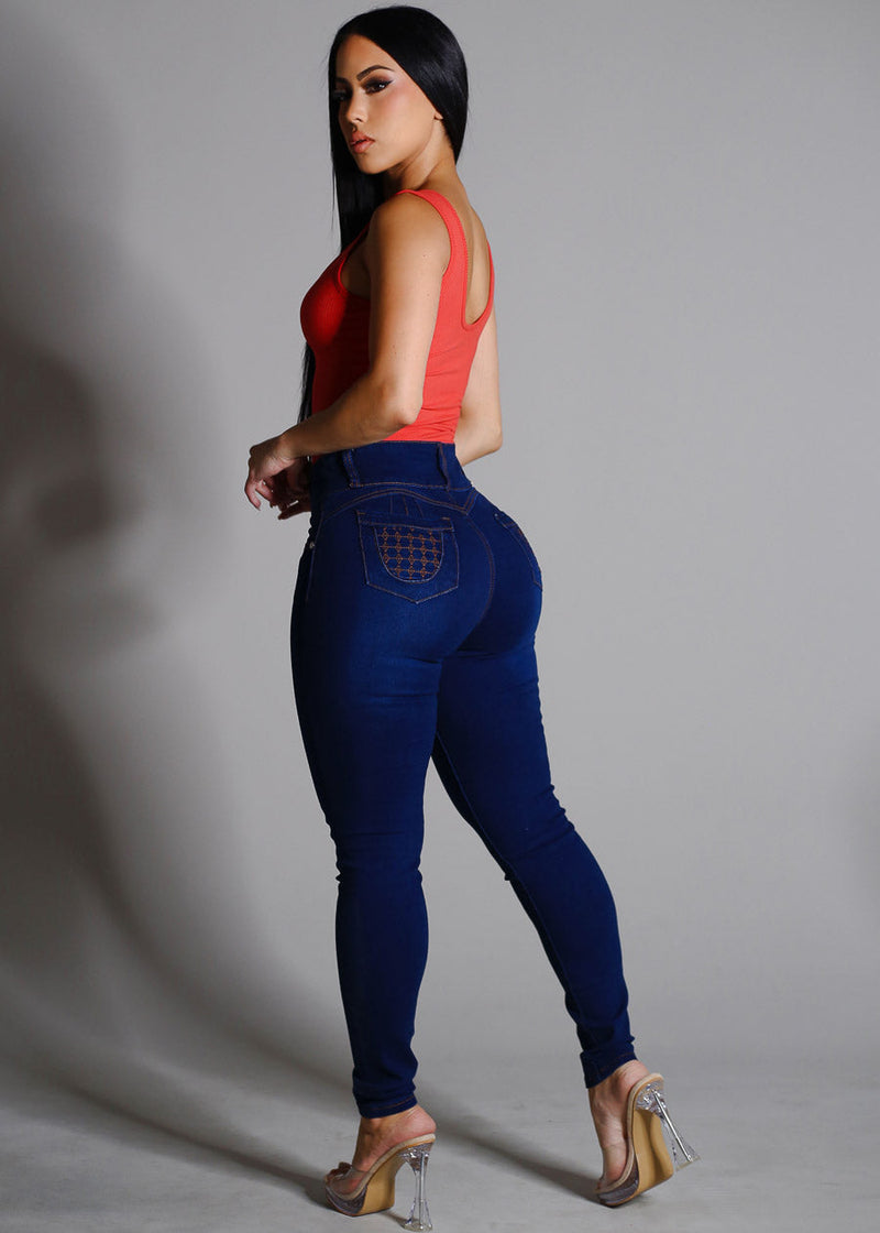 Levantacola High Rise Dark Skinny Jeans w Pocket Design
