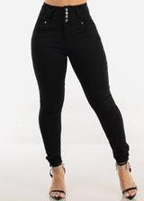 Butt Lift Super High Waist Black Skinny Jeans w Back Pocket Design
