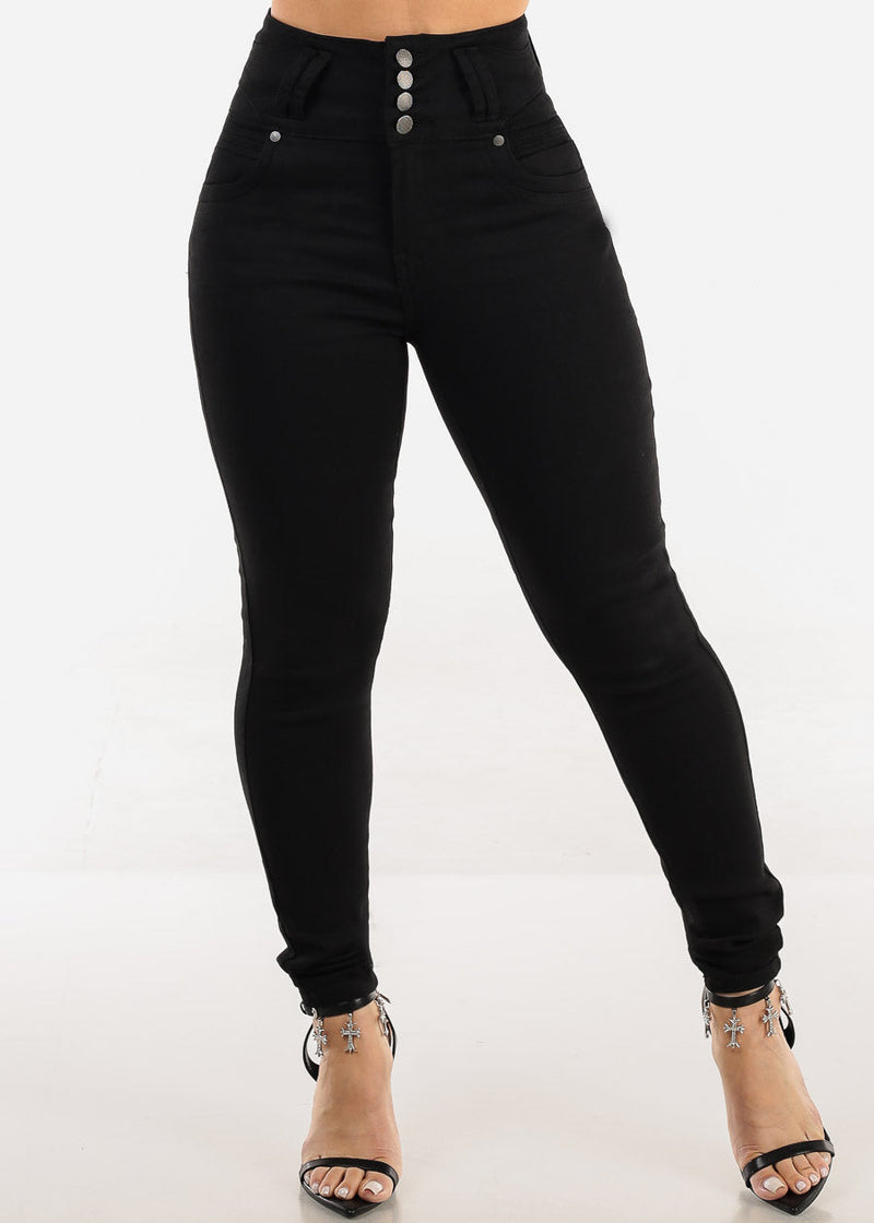 Butt Lift Super High Waist Black Skinny Jeans w Back Pocket Design