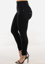 Butt Lift Super High Waist Black Skinny Jeans w Back Pocket Design