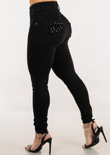 Butt Lift Super High Waist Black Skinny Jeans w Back Pocket Design