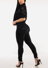 Butt Lift Super High Waist Black Skinny Jeans w Back Pocket Design