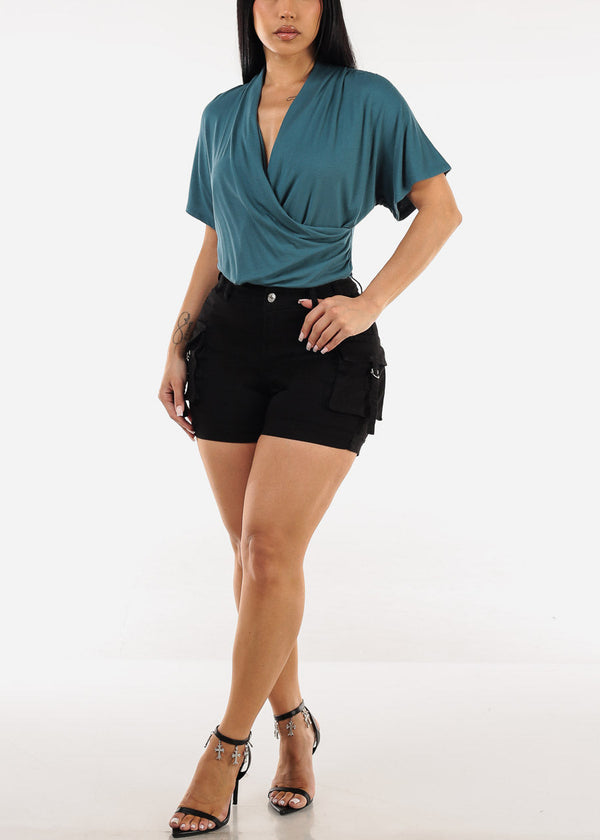 Butt Lift High Waist Cargo Denim Shorts Black