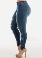 Mid Rise Distressed Stretchy Skinny Jeans Med Blue