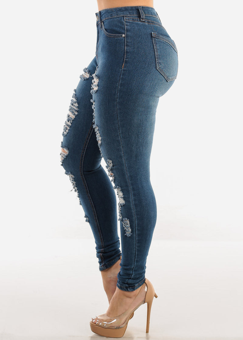 Mid Rise Distressed Stretchy Skinny Jeans Med Blue