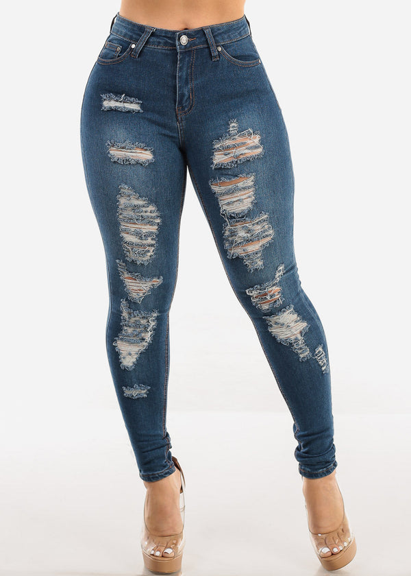 Mid Rise Distressed Stretchy Skinny Jeans Med Blue