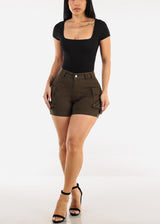 Butt Lift High Waist Cargo Denim Shorts Olive