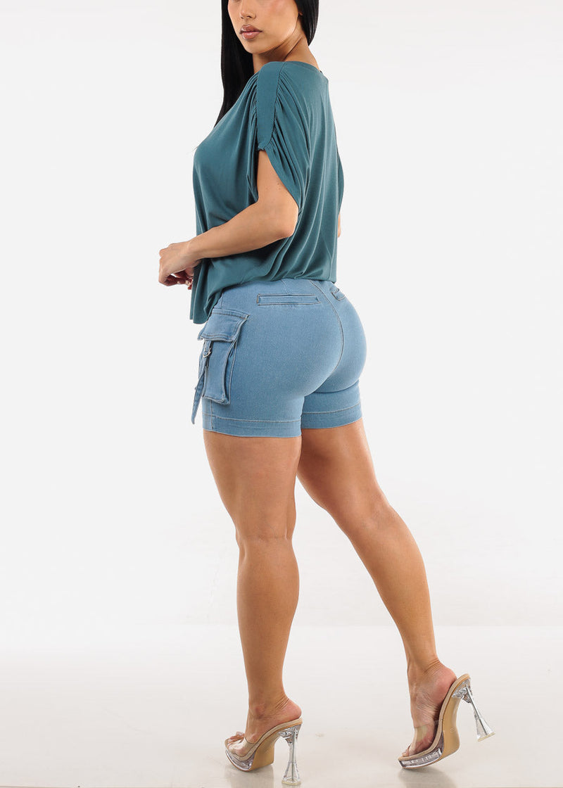Butt Lift High Waist Cargo Light Denim Shorts