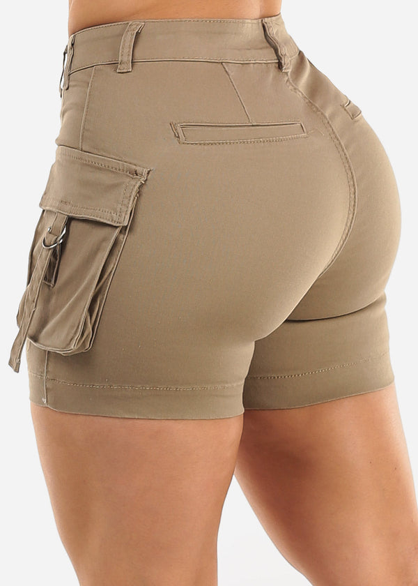 Butt Lift High Waist Cargo Denim Shorts Khaki