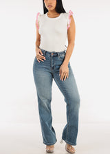 Stretchy High Waist Straight Wide Leg Jeans Stone Blue