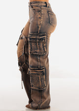 High Waisted Straight Wide Leg Cargo Jeans Copper Acid Wash