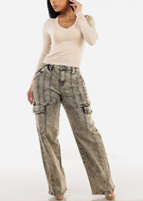 High Waist Straight Wide Leg Cargo Jeans Acid Wash