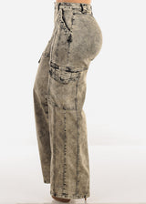 High Waist Straight Wide Leg Cargo Jeans Acid Wash